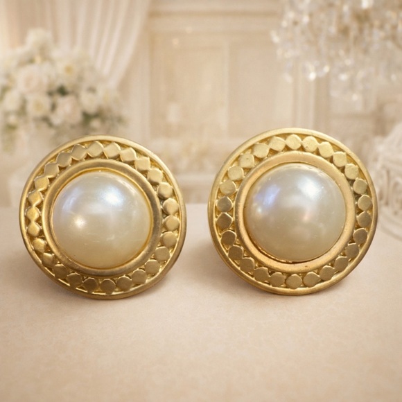 Jewelry - Vintage Large Chunky Gold Tone Clip on Earrings With Center Faux Pearl Accent